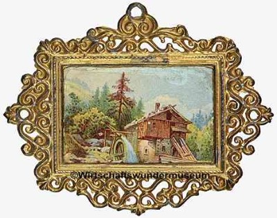 Wandbild für die Puppenstube, Rahmen aus Goldblech, Hersteller: Erhard & Söhne Wandbild für die Puppenstube, Rahmen aus Goldblech, Hersteller: Erhard & Söhne